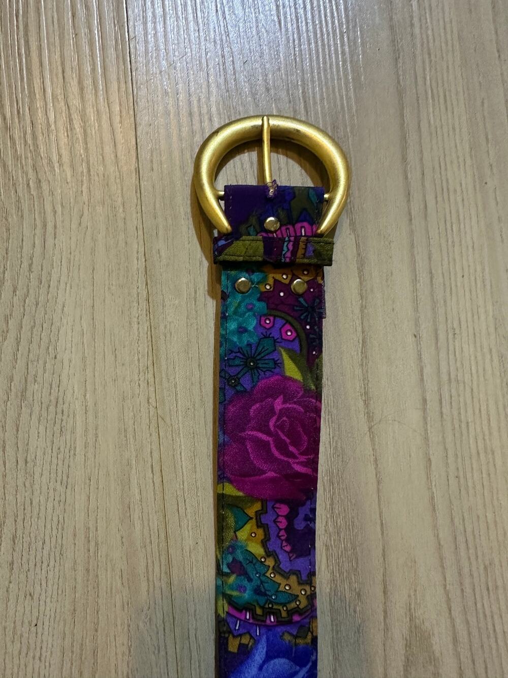 Vintage 80s Colorful Floral Fabric Belt Purple Backing Gold Tone Buckle